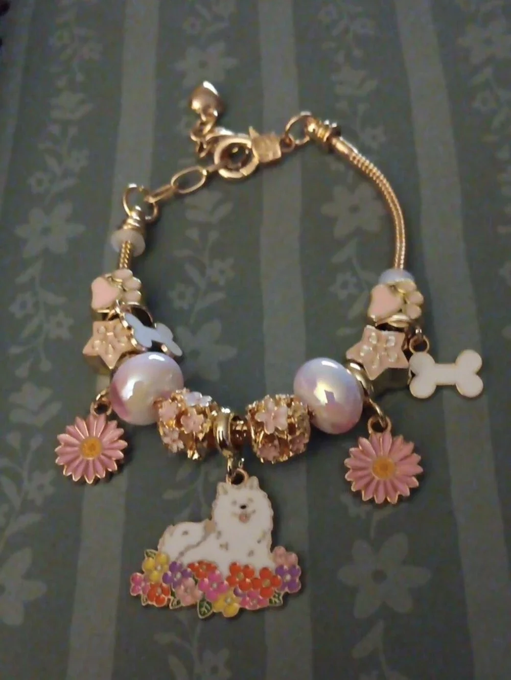 Gold-tone Pet Charm Bracelet with Pink Flower and White Dog Pendant